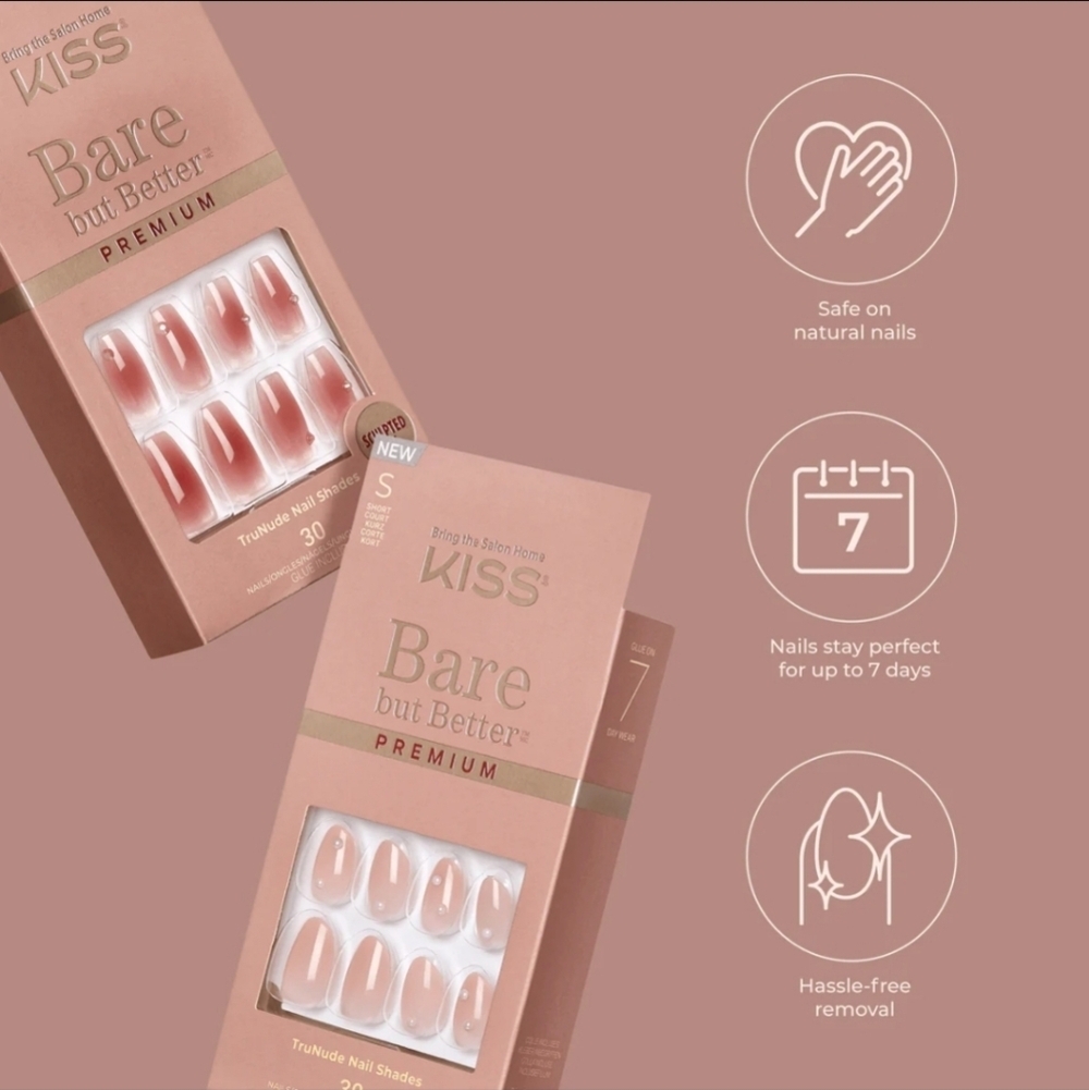 Bare But Better By Kiss Glue On Nails In Mocha•30 Nails•Up To 14 Days Of Wear! - Picture 7 of 8